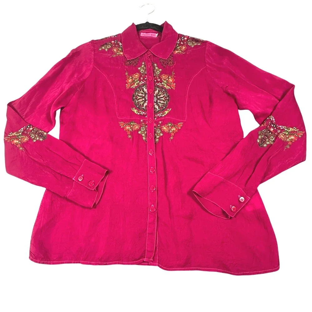 Johnny Was Magenta Pink Embroidered Rayon Button Down Shirt Boho Floral Top